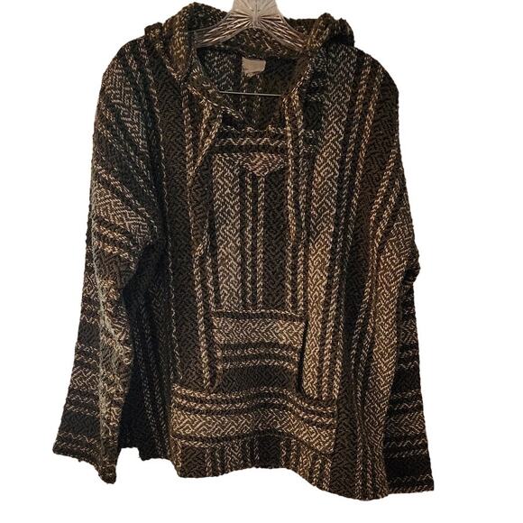 Mexican Baja Woven Hippie Cozy Pullover V-Neck Hooded Ties Front Pockets Poncho - Picture 1 of 4